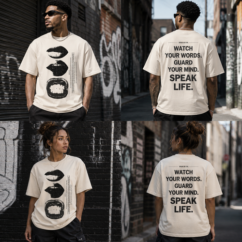 People wearing t-shirts with text and graphics on a street backdrop